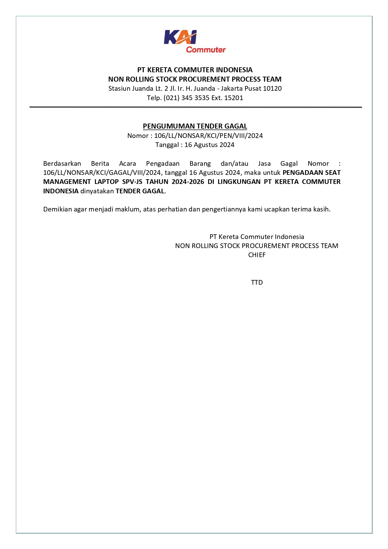 5 pengumuman tender gagal 106 pengadaan seat management laptop spv js tahun 2024 2026 di lingkungan pt kci page 0001